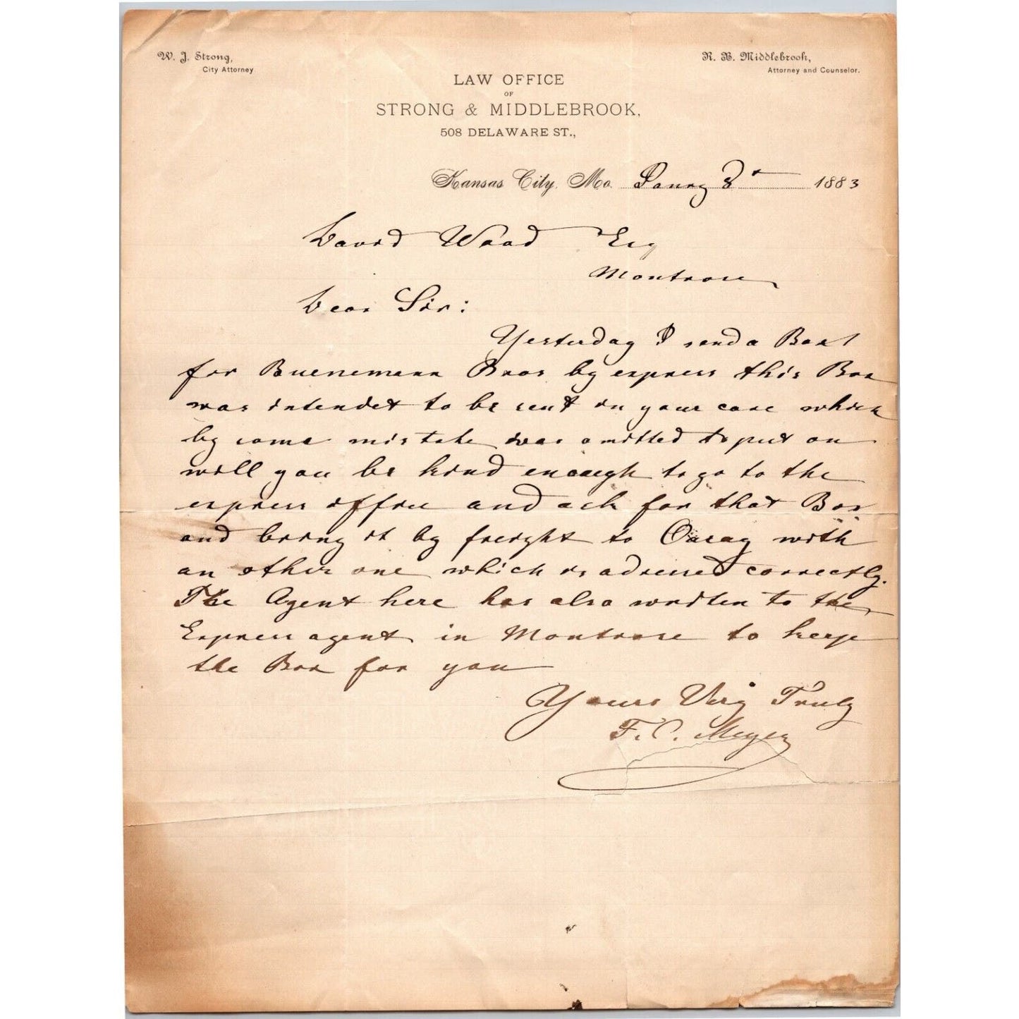 c1883 Strong & Middlebrook David Wood (Transportation Lines) Mining Letterhead