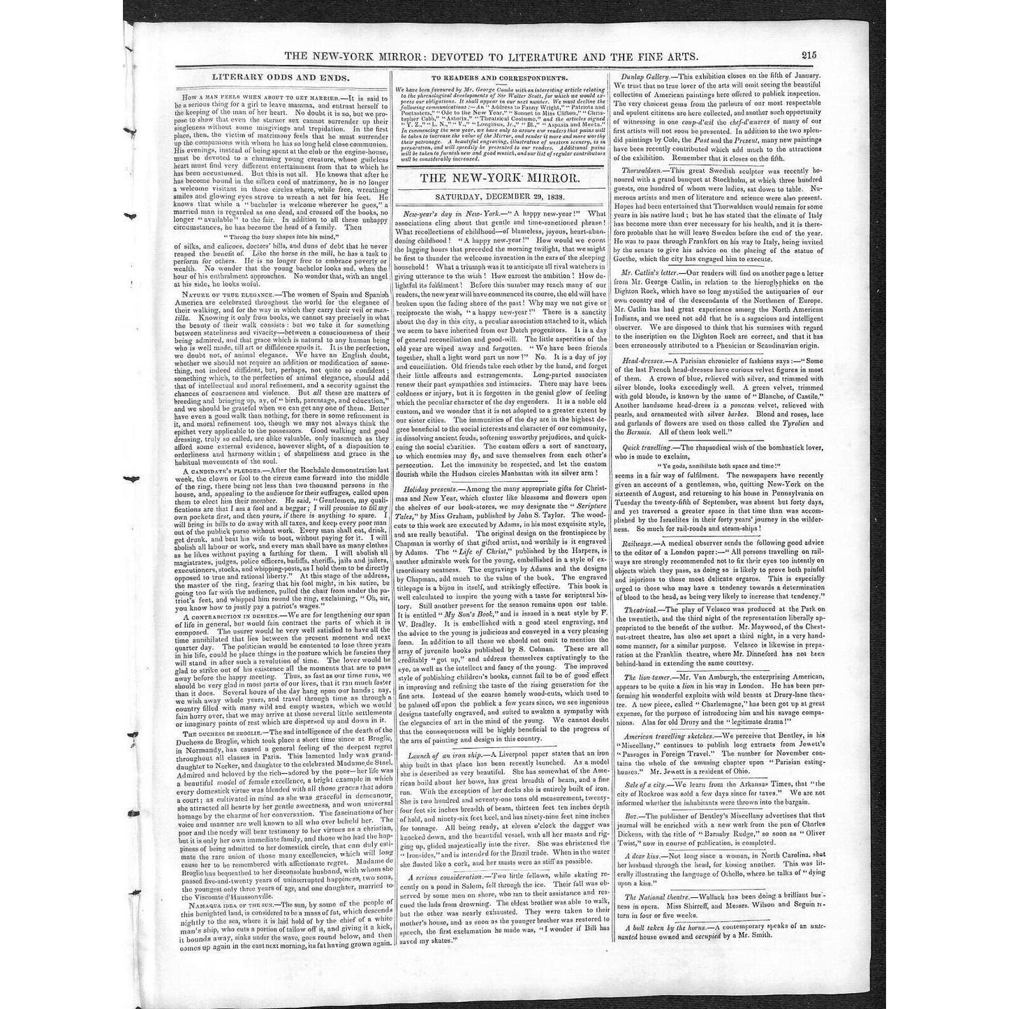 New-York Mirror Weekly Journal Literature Fine Arts Newspaper 12/29/1838