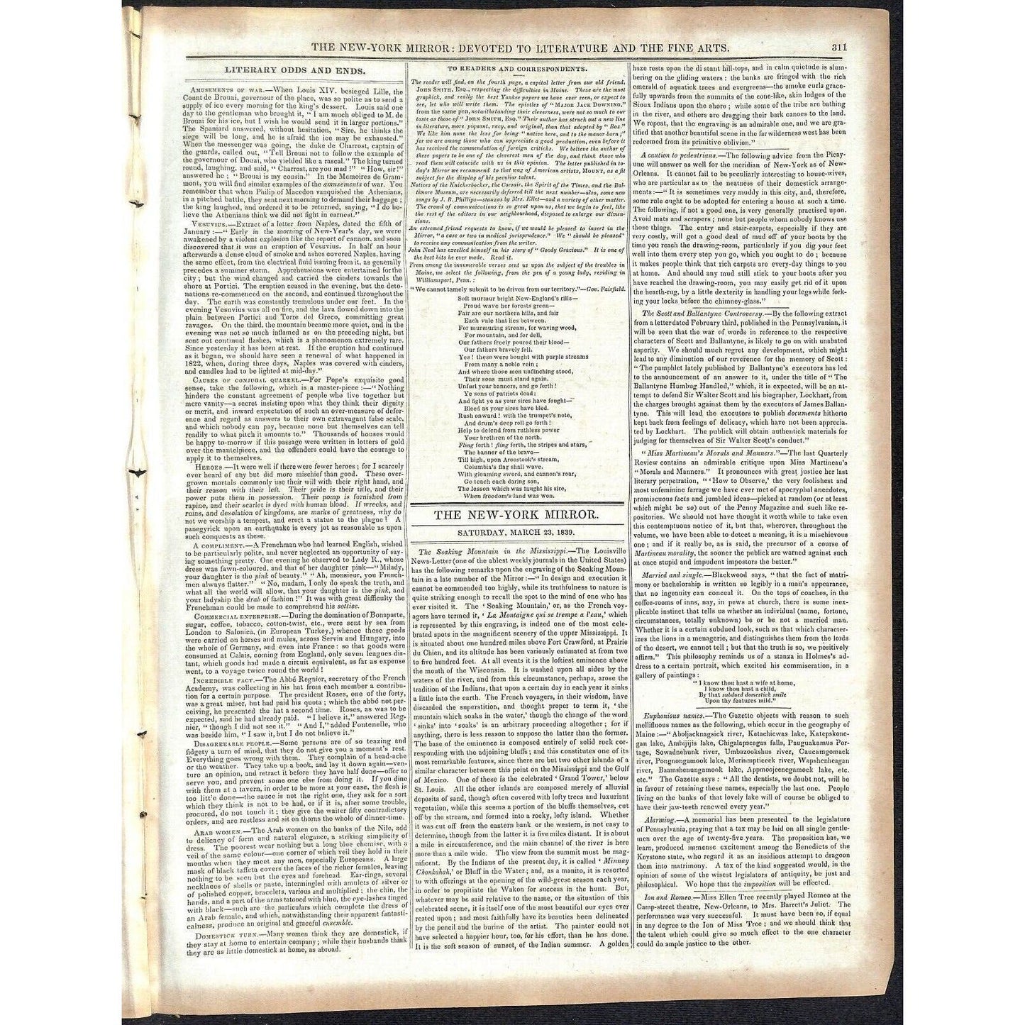 New-York Mirror Weekly Journal Literature Fine Arts Newspaper 3/23/1839