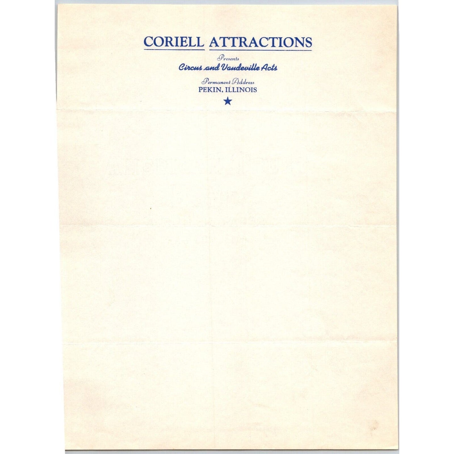 Coriell Attractions Pekin, IL Circus Vaudeville Acts c1943 Letterhead Scarce