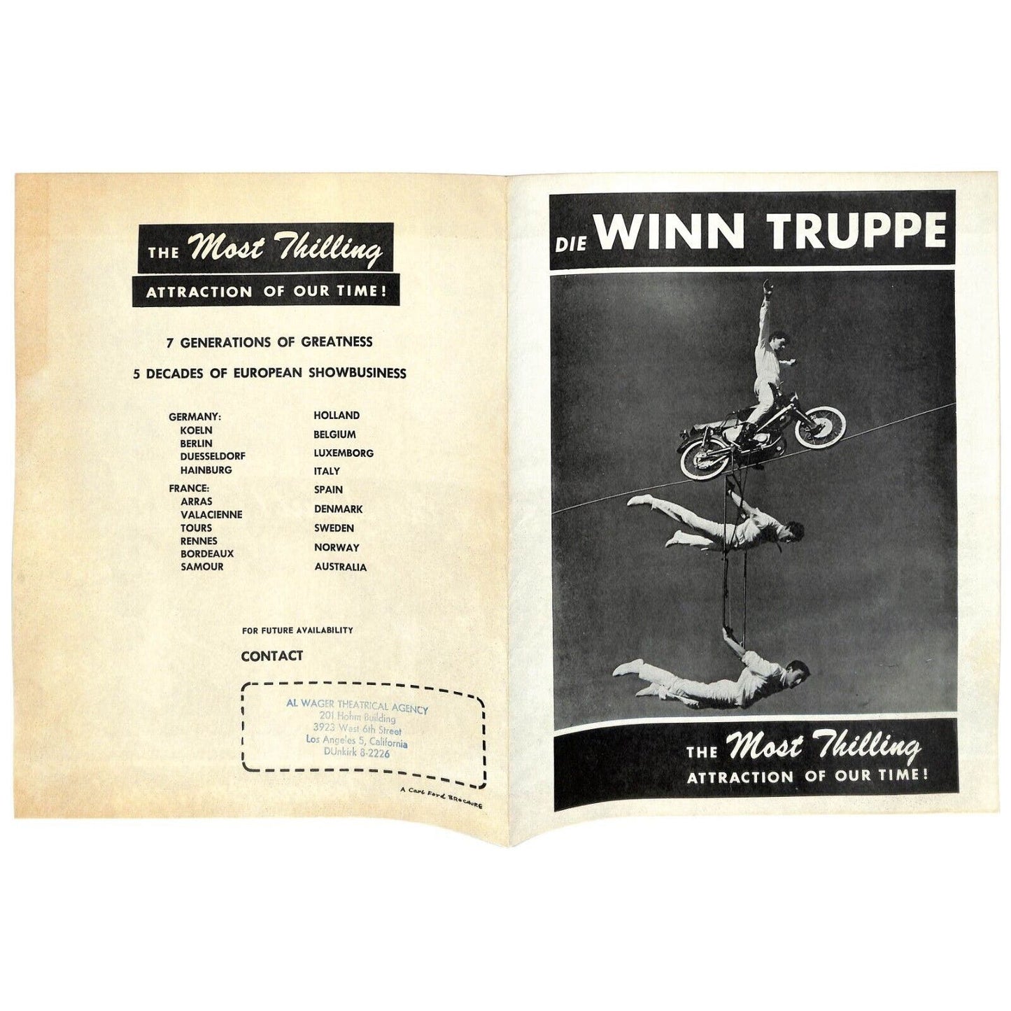 Dir Winn Truppe Motorcycle High Wire c1950's-63 Promotor Brochure Scarce VGC