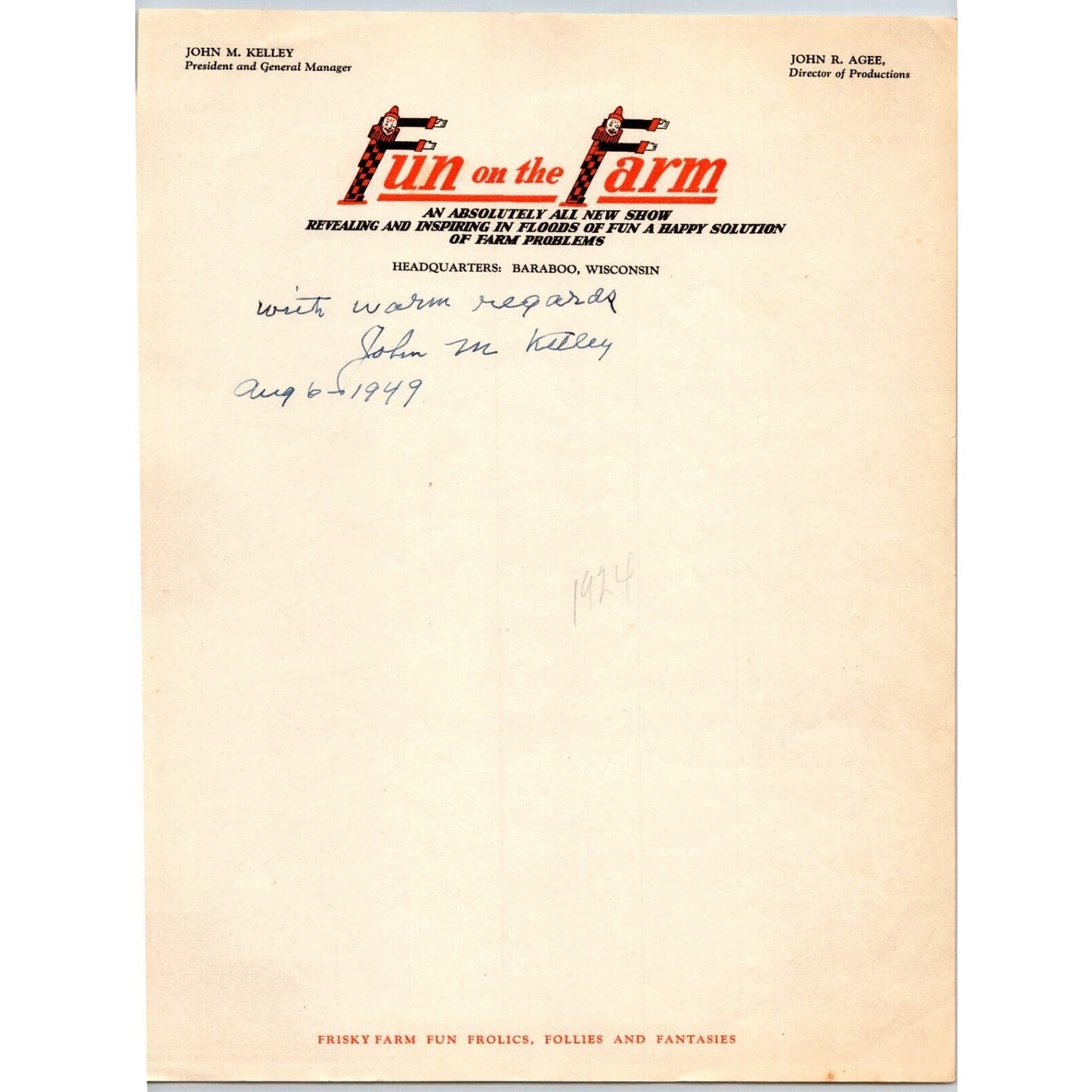 Fun on the Farm Circus Letterhead c1949 "Fun & Happy Solution of Farm Problems"