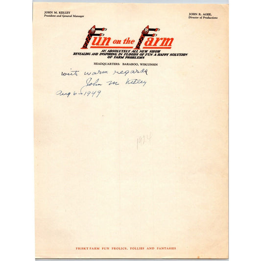Fun on the Farm Circus Letterhead c1949 "Fun & Happy Solution of Farm Problems"