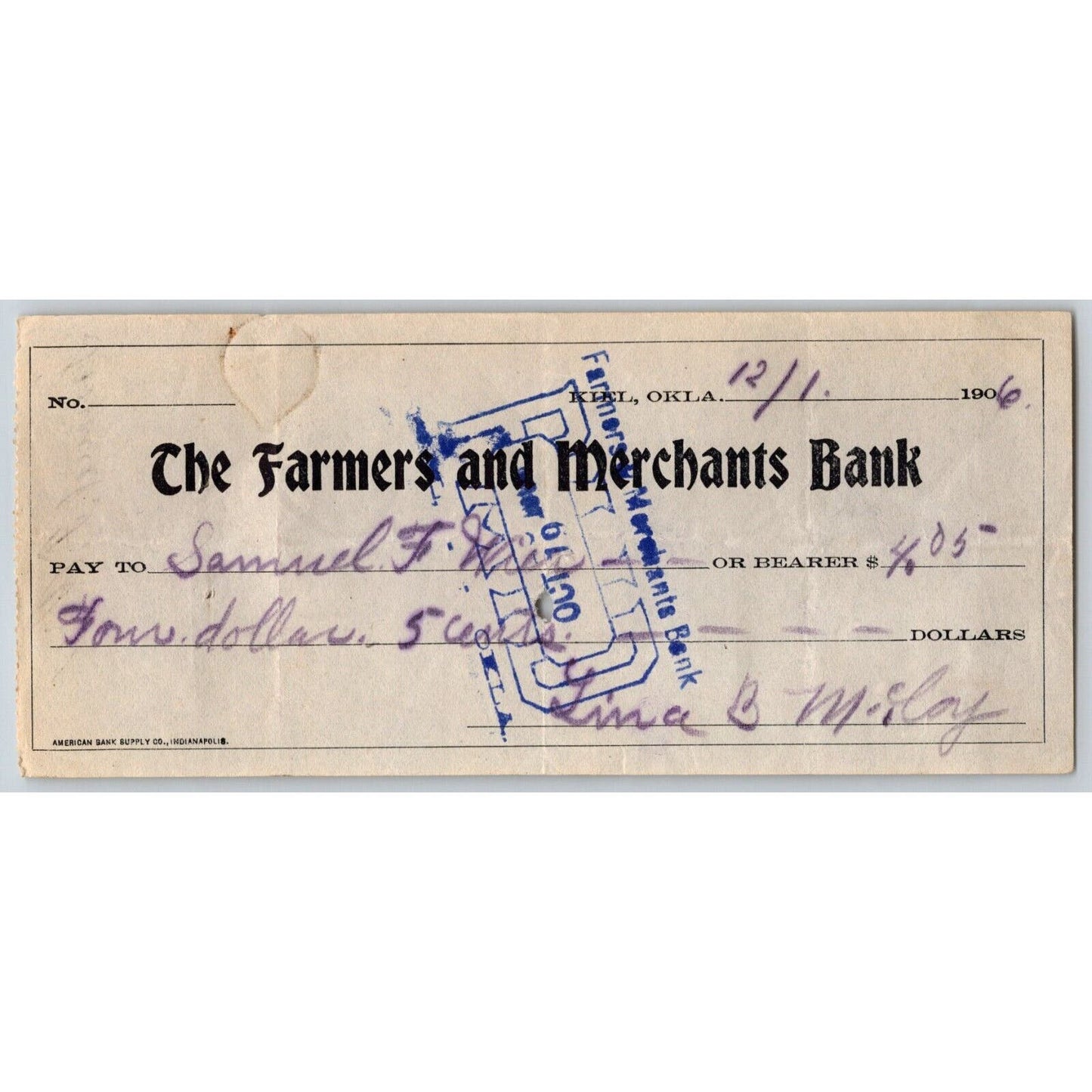 Kiel, Oklahoma Territorial 1906 "Farmers and Merchants Bank" Check - Scarce