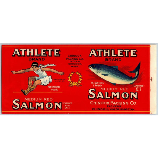 Athlete Brand Red Salmon Paper Can Label Chinook, WA c1910's Runner Jumper