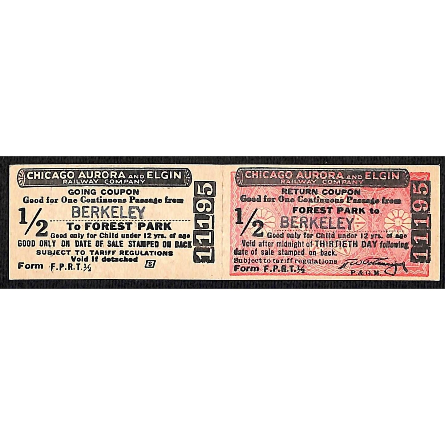 Chicago Aurora and Elgin 1902-57 2-way Attached Tickets Forest Park Berkeley