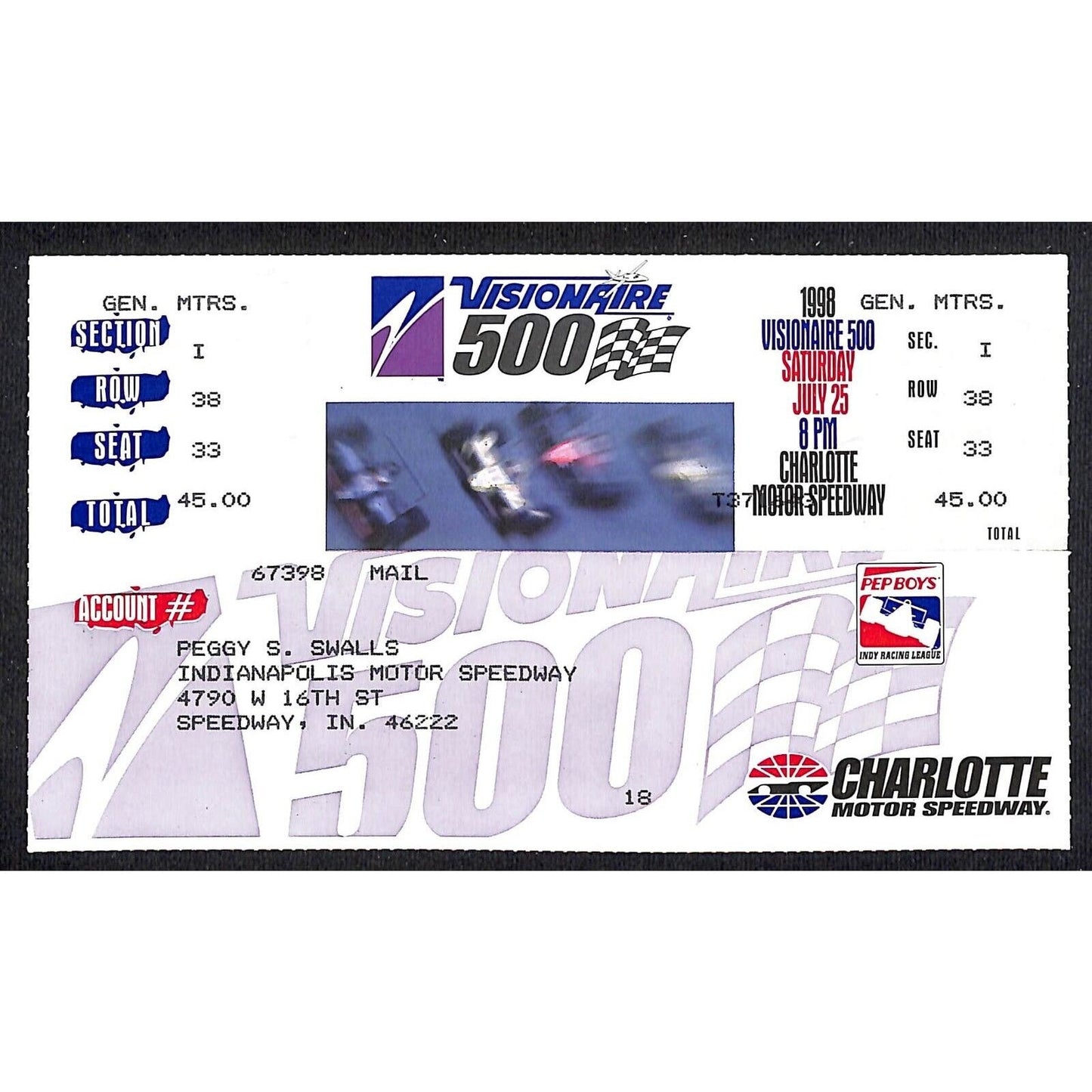 1998 Charlotte Motor Speedway Visionaire 500 Indy Racing Ticket *Peggy Swalls*