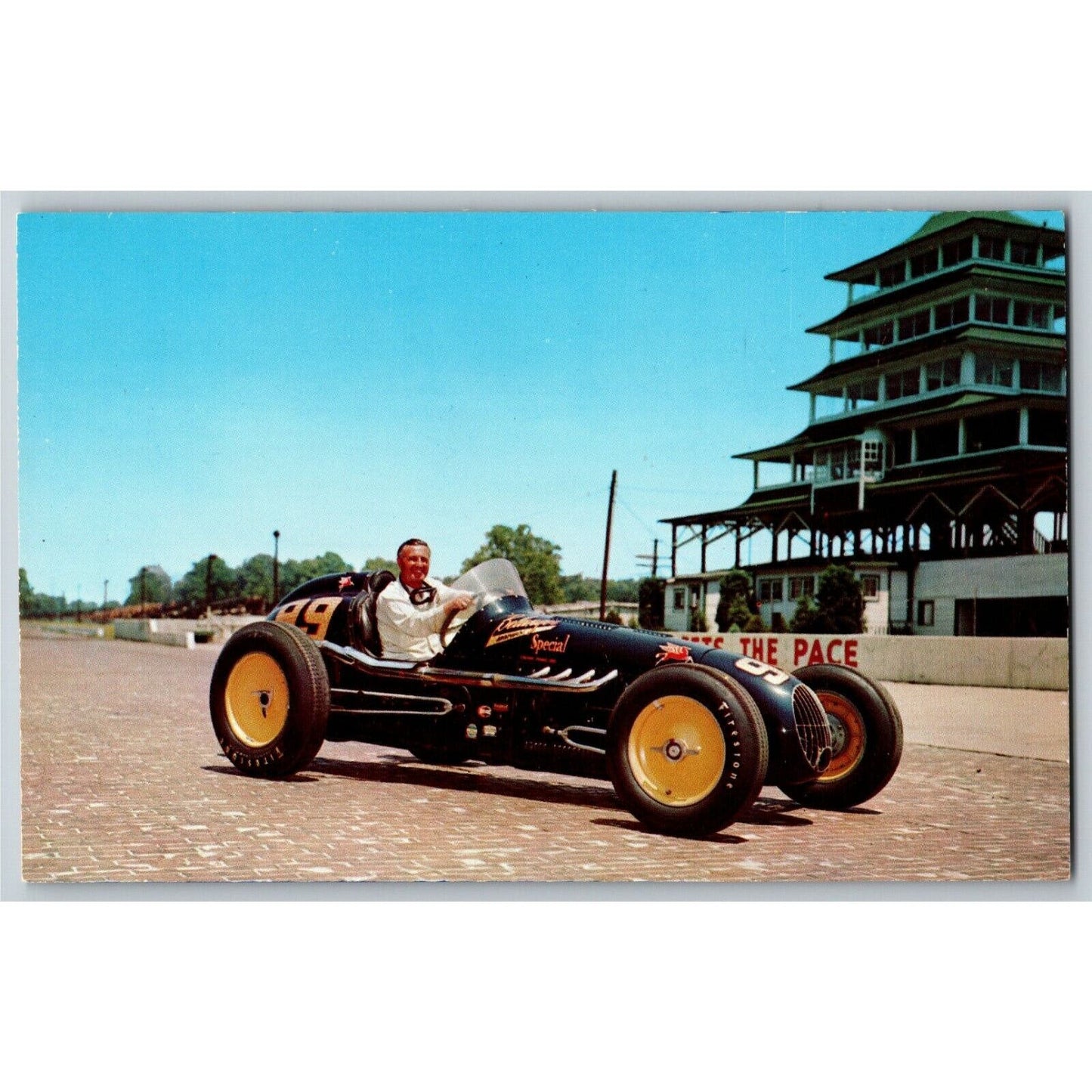 Indy 500 Postcard "1951 Winner Lee Wallard" Near Pagoda Unposted VGC
