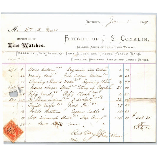 Detroit Letterhead J.S. Conklin Elgin Watch Jewelry Silver Ware 1869 Rev Stamp