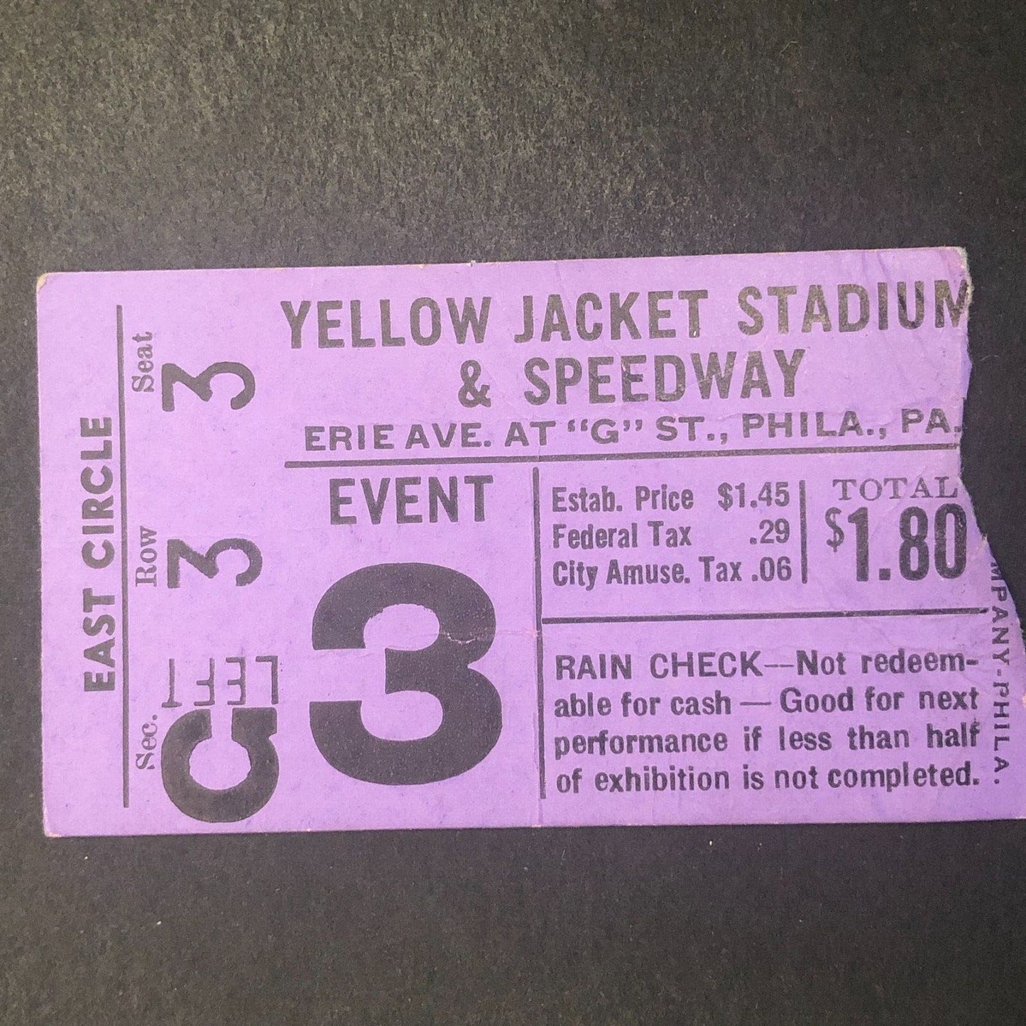 Yellow Jacket Speedway Philadelphia 1946 Auto Racing Ticket Stub Scarce