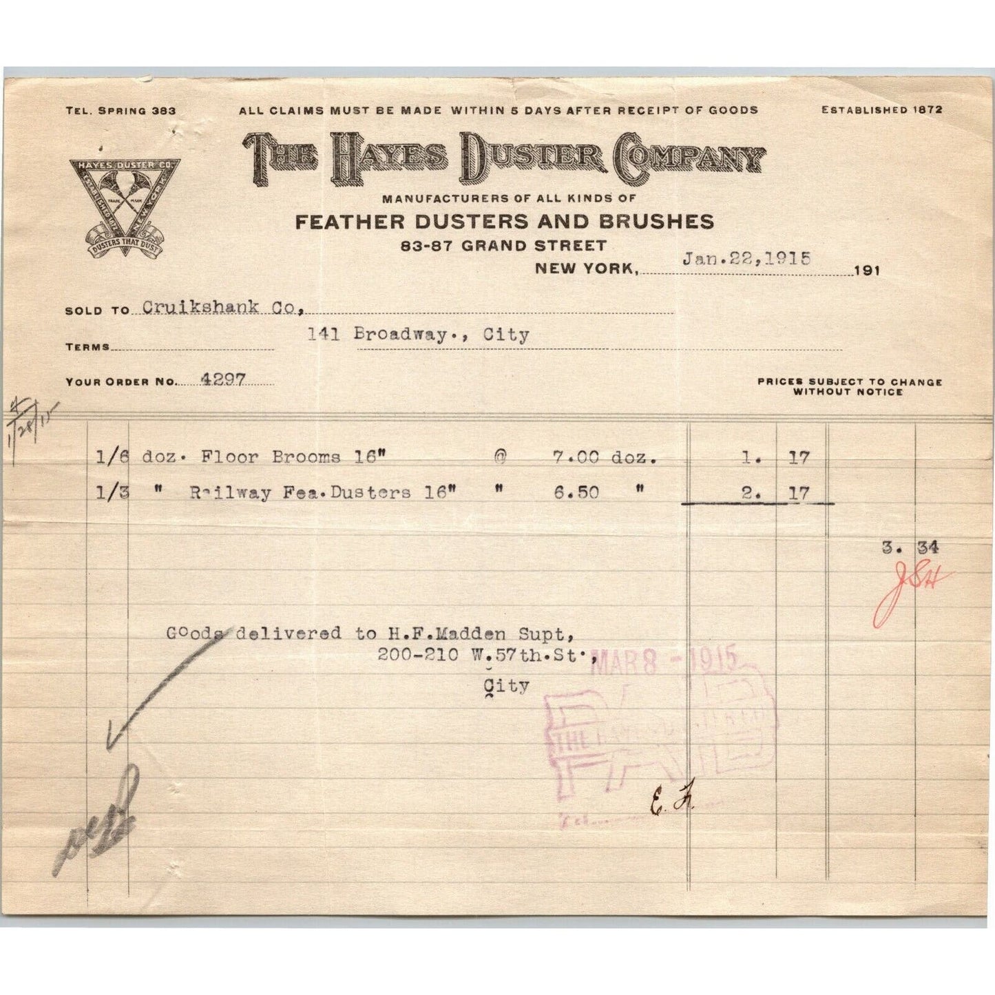 1915 "The Hayes Duster Co." Feather Brushes Billhead Letterhead Grand St. NYC