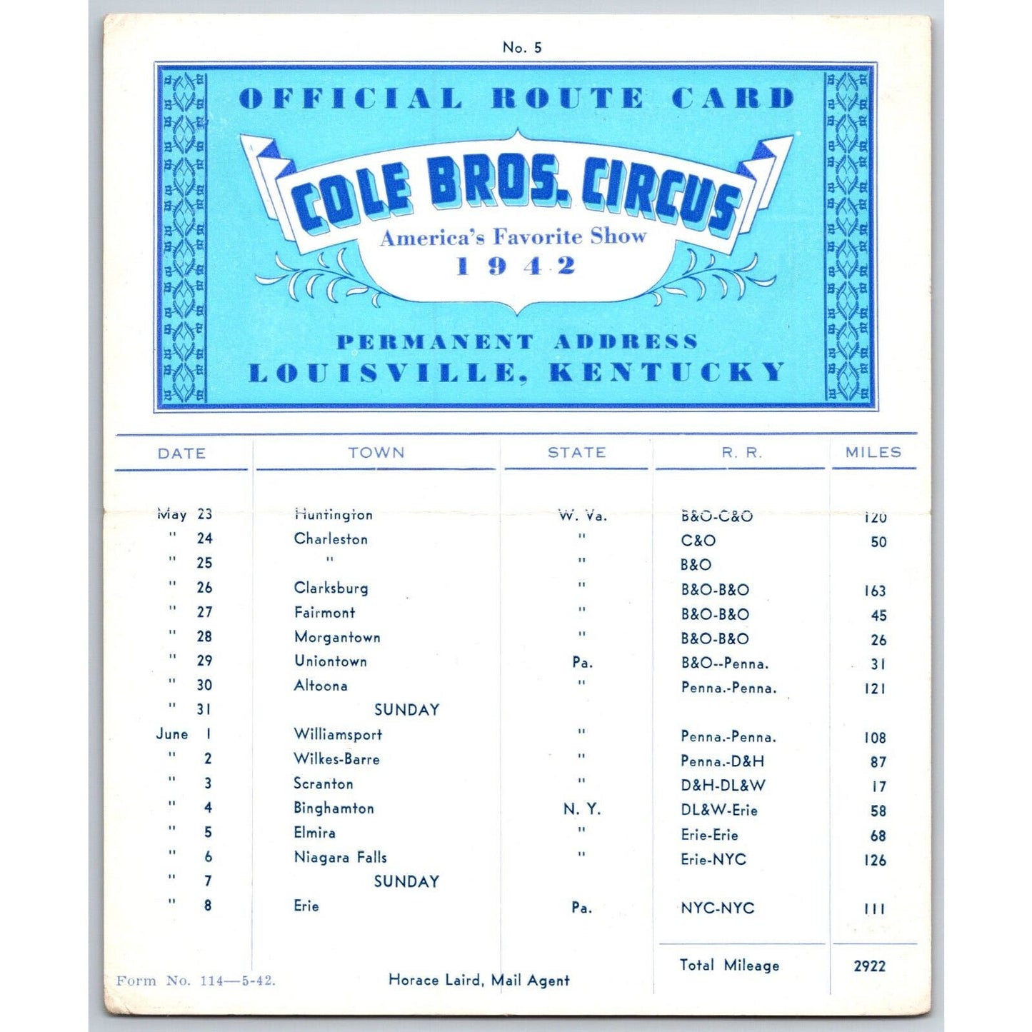 1942 Cole Bros Circus Route Card New York West Virginia Pennsylvania