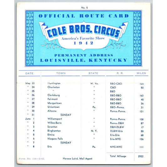 1942 Cole Bros Circus Route Card New York West Virginia Pennsylvania