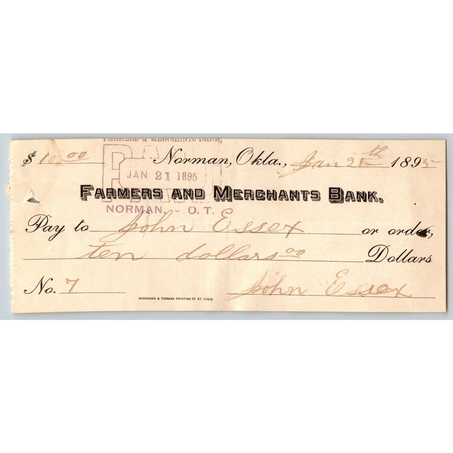 Norman, Oklahoma Territory 1895 $10 "Farmers and Merchants Bank" Check - Scarce