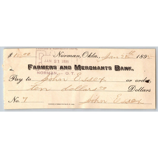 Norman, Oklahoma Territory 1895 $10 "Farmers and Merchants Bank" Check - Scarce