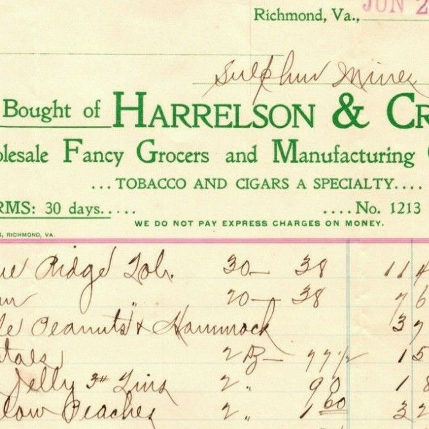 Harrelson & Crump Grocers Richmond, VA Letterhead o Geo. E. Wear 1899