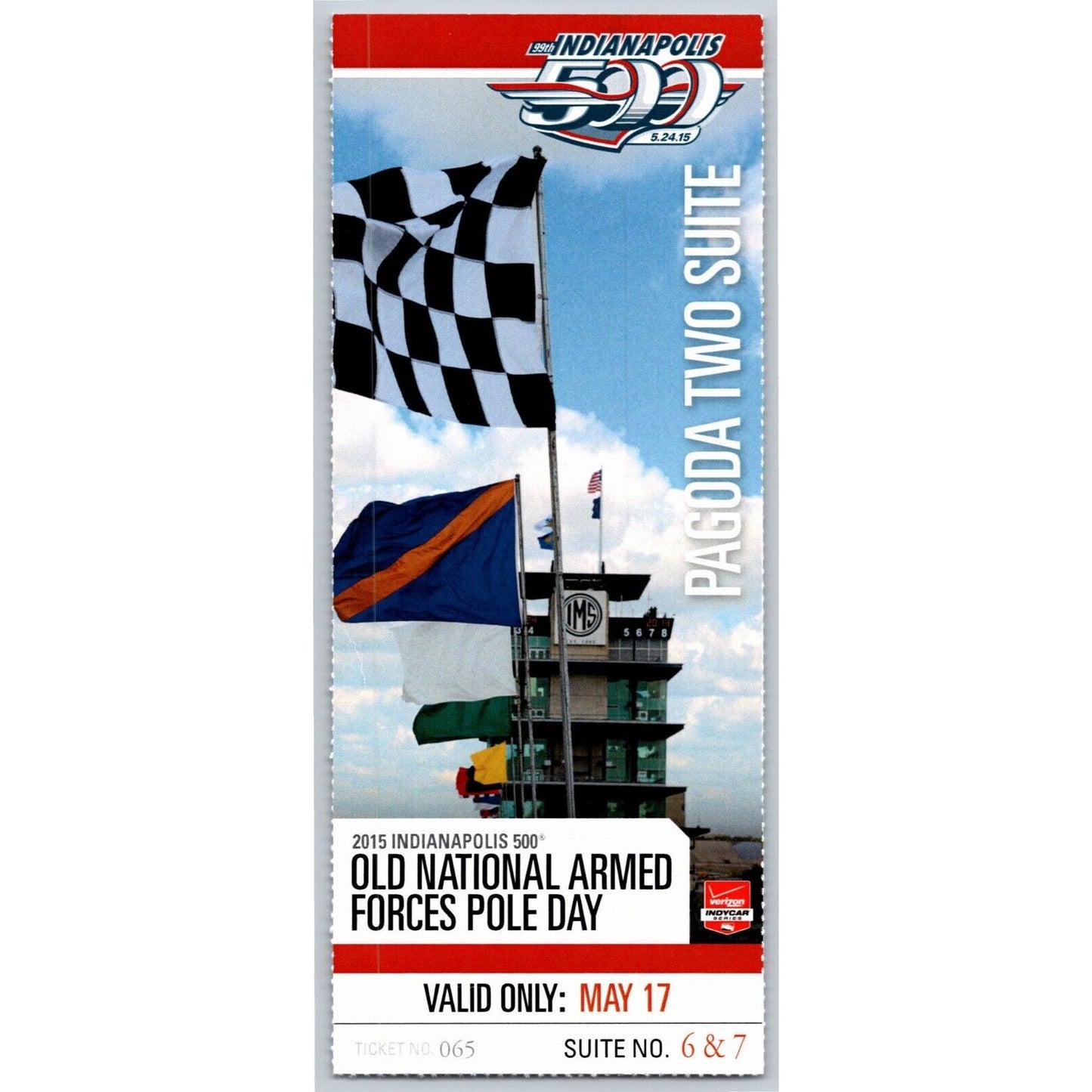 2015 Indy 500 Armed Forces Day Ticket Stub Pagoda Suite Two Indianapolis #65