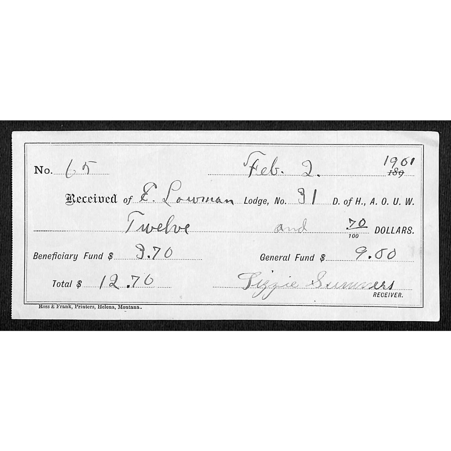 1901 AOUW (Ancient Order of United Workmen) Dues Receipt (Montana ?)