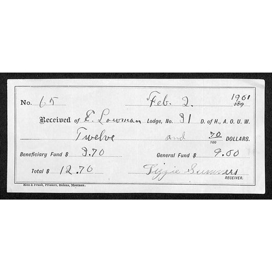 1901 AOUW (Ancient Order of United Workmen) Dues Receipt (Montana ?)