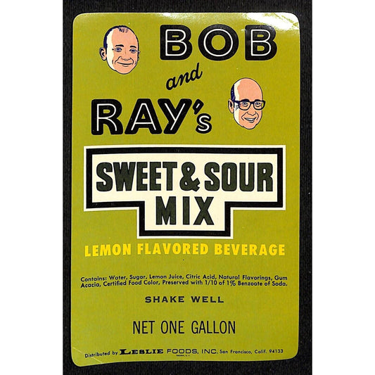 Bob and Ray Sweet & Sour Mix Paper Soda Label Leslie Foods c1965-70 Scarce