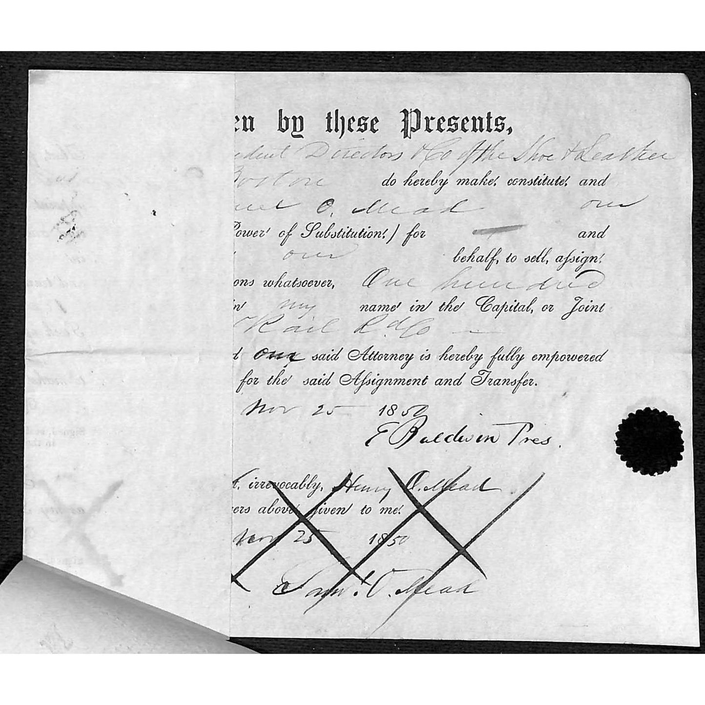1850 Northern Railroad Stock Certificate & Affixed 1850 Power of Attorney Letter