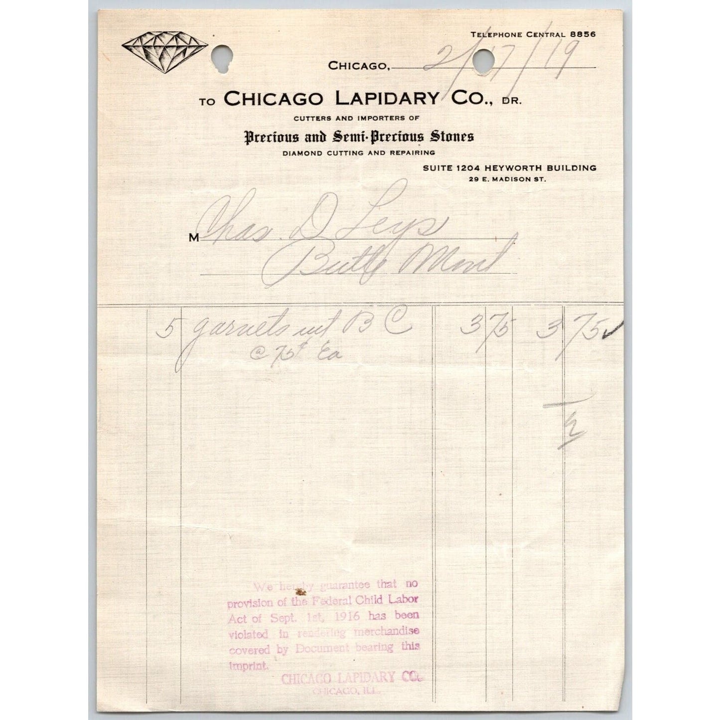 Chicago Lapidary Co. Diamond Cutting "Leys" Butte, MT 1919 $3.75 Billhead