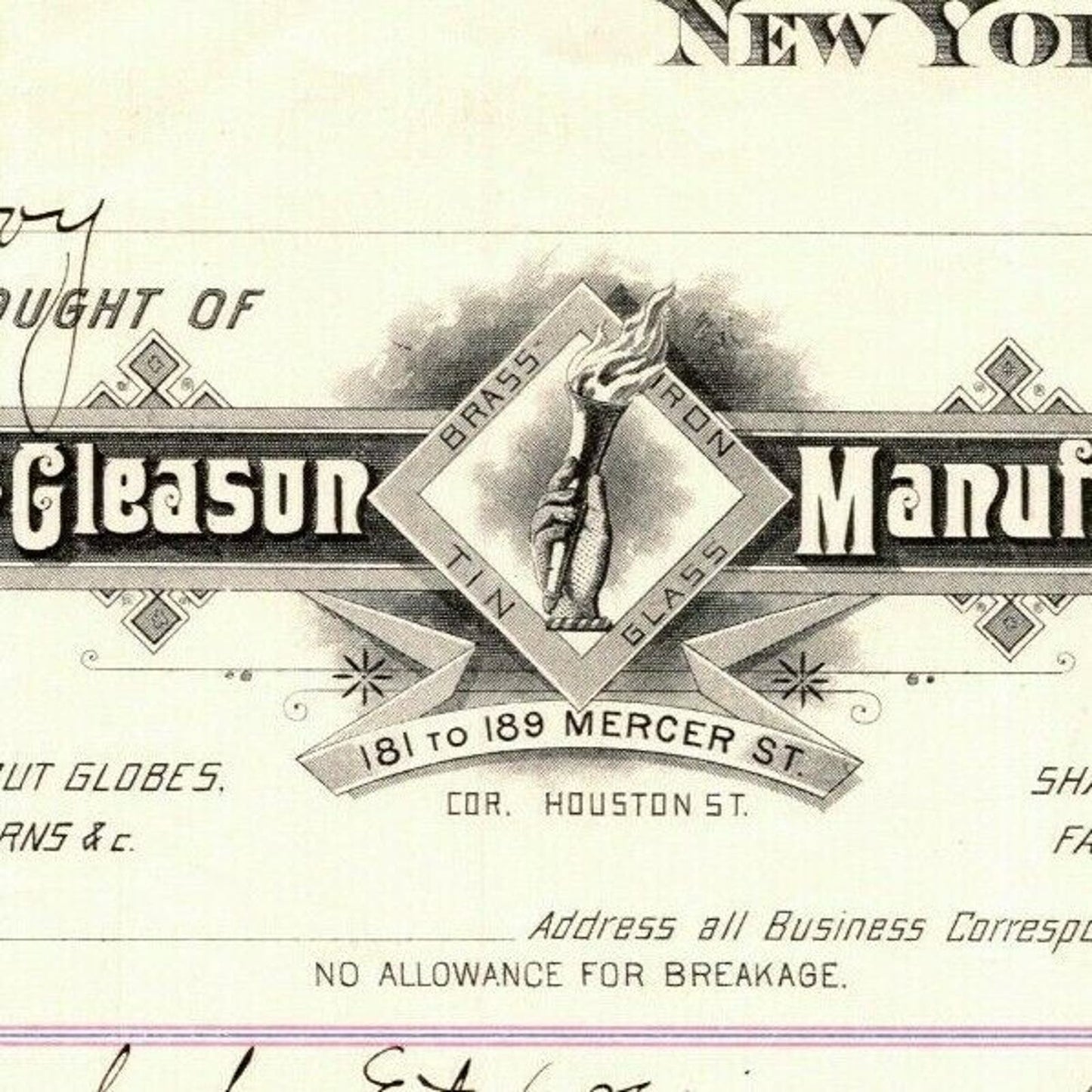 Dec 28 1887 "E. P. Gleason" Cut Glass Globes Billhead Letterhead Mercer St NYC