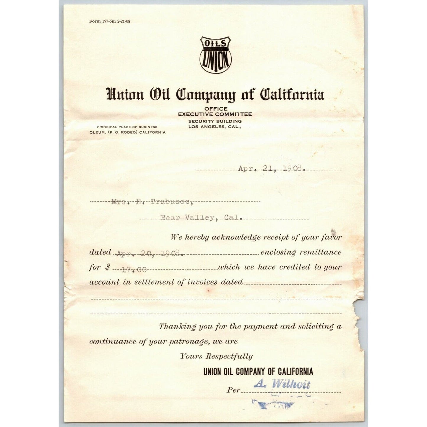 1908 Union Oil Co. of California - Los Angeles Billhead / Receipt