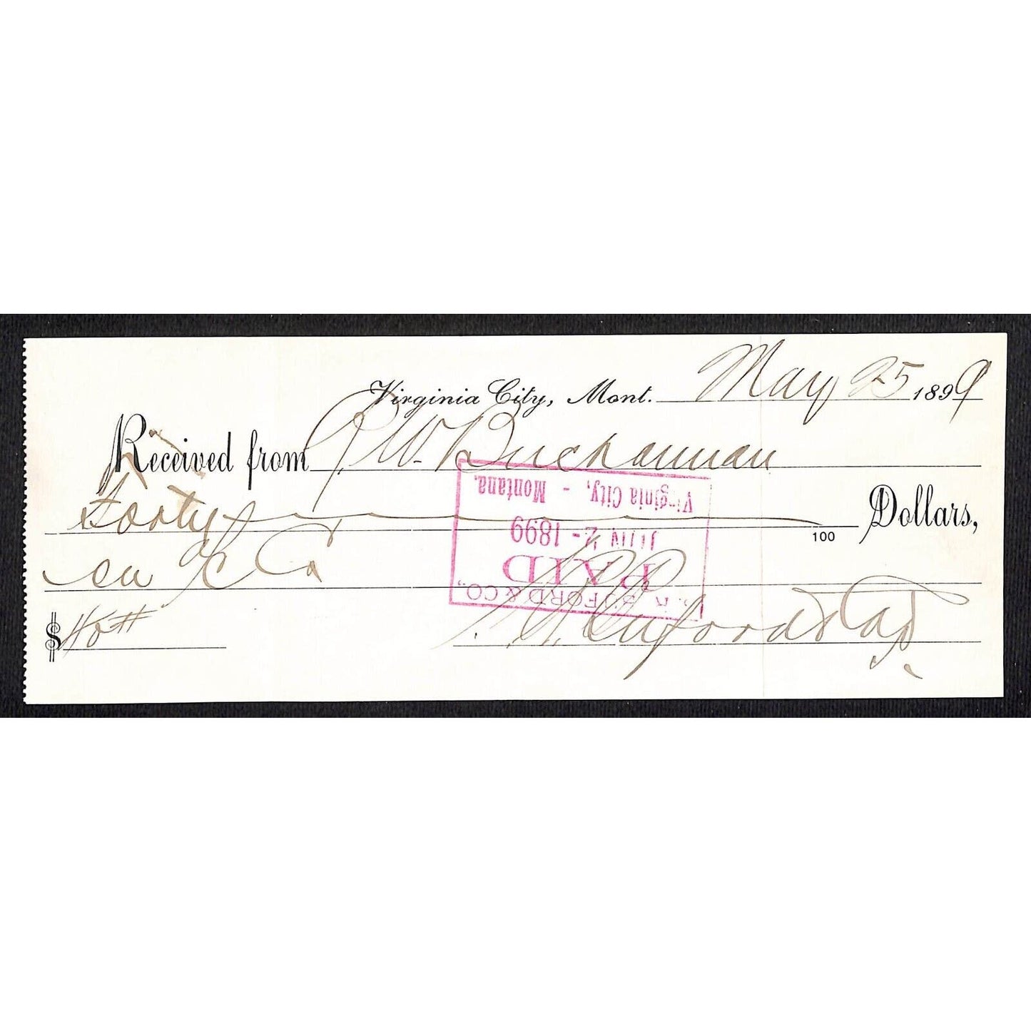 Virginia City Montana 1899 S.R. Buford (Signed) Payment Receipt