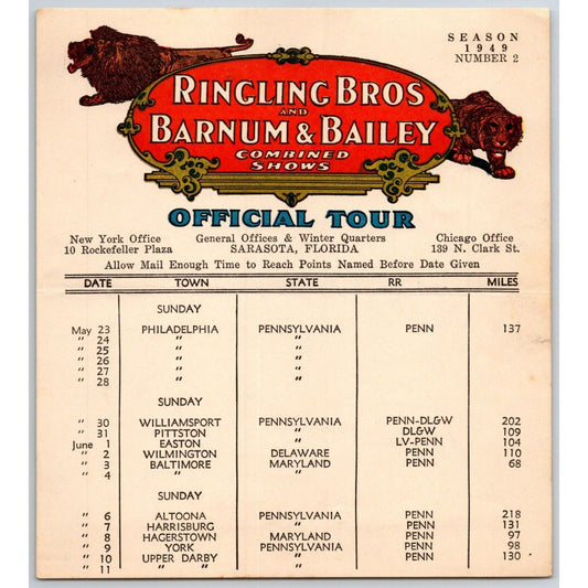 1949 Ringling Bros Barnum Bailey Circus Route Card Philadelphia Baltimore York