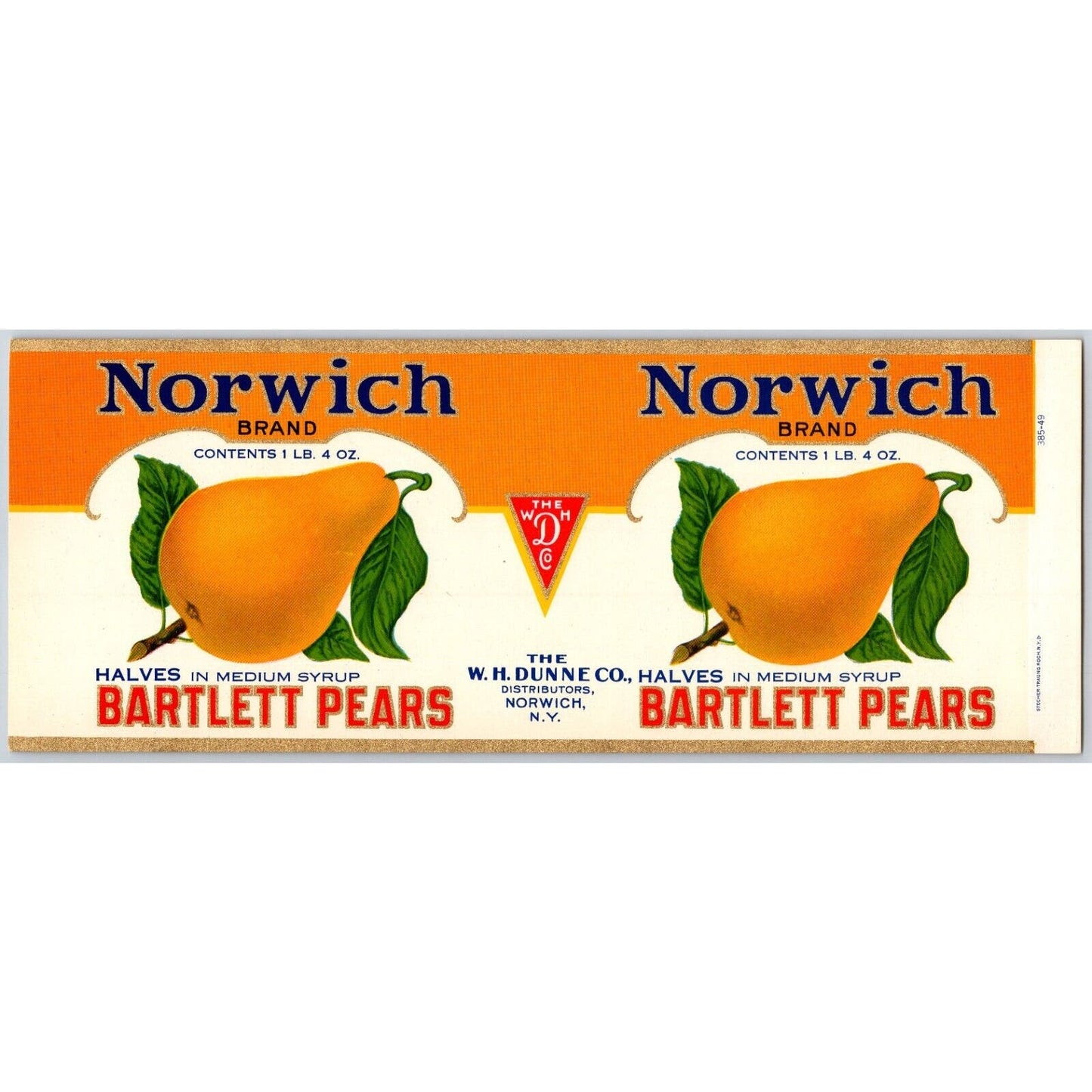 Norwich Bartlett Pears Paper Can Label W.H. Dunne Co. Norwich, NY c1949-50's
