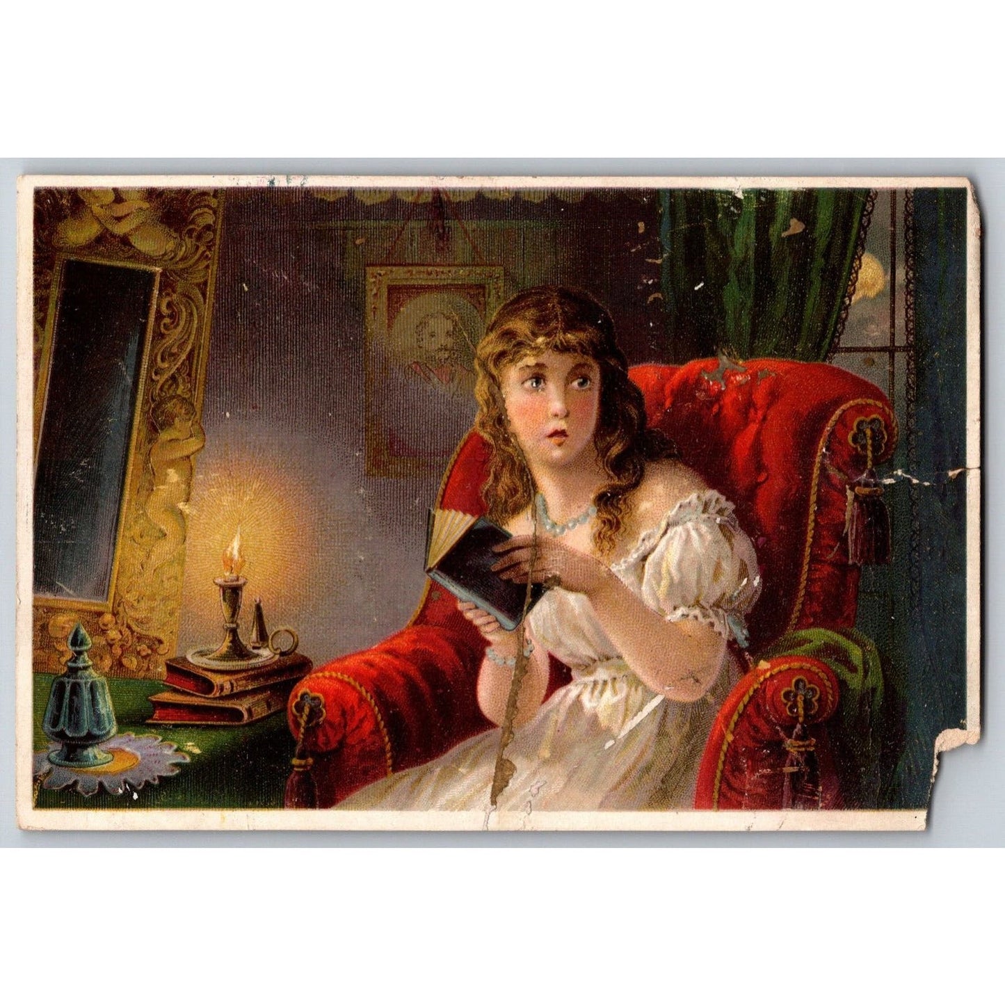 W.T. Colburn Ghost Story Victorian Gilt Trade Card Woman Reads Scary Book Alone