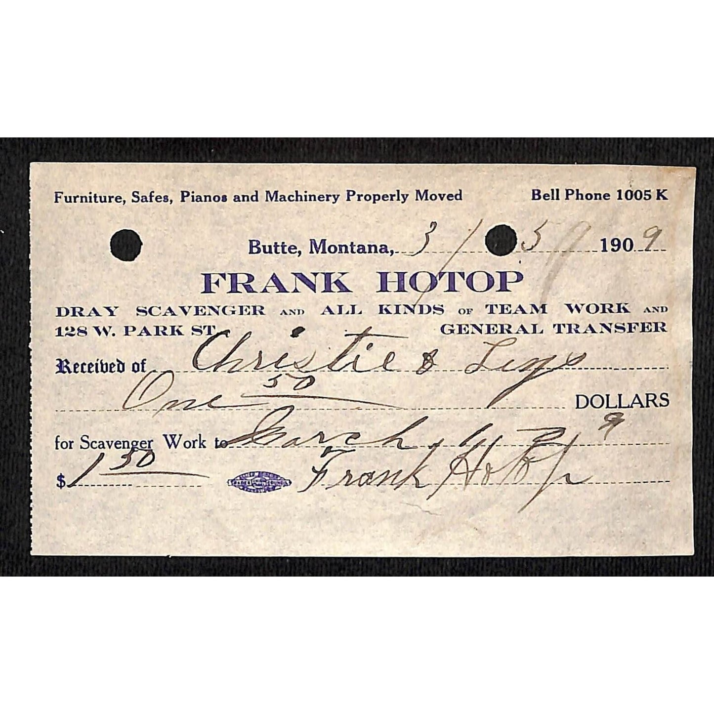 Leys Christies Jewelry Butte, MT 1909 Frank Hotop Dray Scavenger Receipt