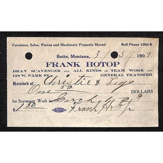 Leys Christies Jewelry Butte, MT 1909 Frank Hotop Dray Scavenger Receipt