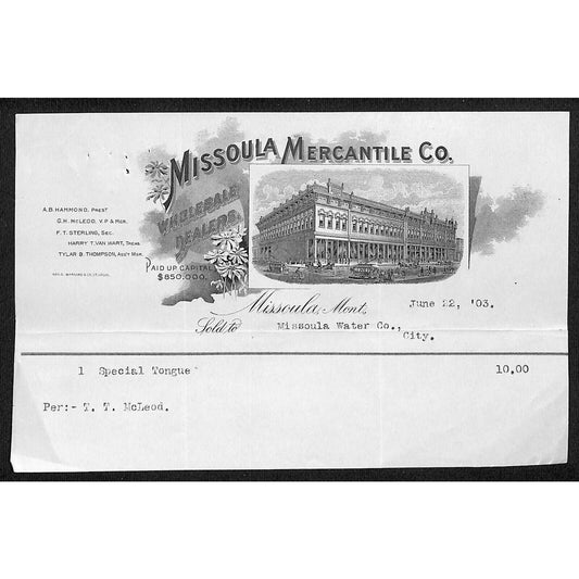 Missoula, MT Missoula Mercantile Co. 1903 Billhead w/ Illustrated Vignette
