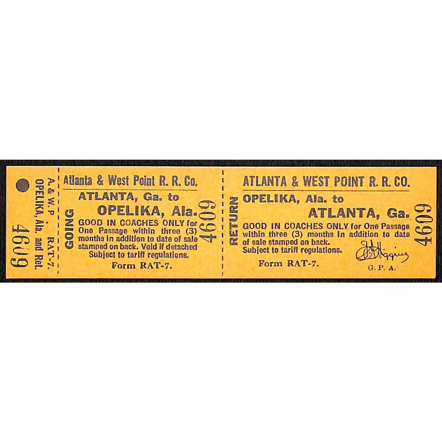 Atlanta & West Point Railroad Unused Ticket w/ Stub Opelika, ALA #4609 VOID*