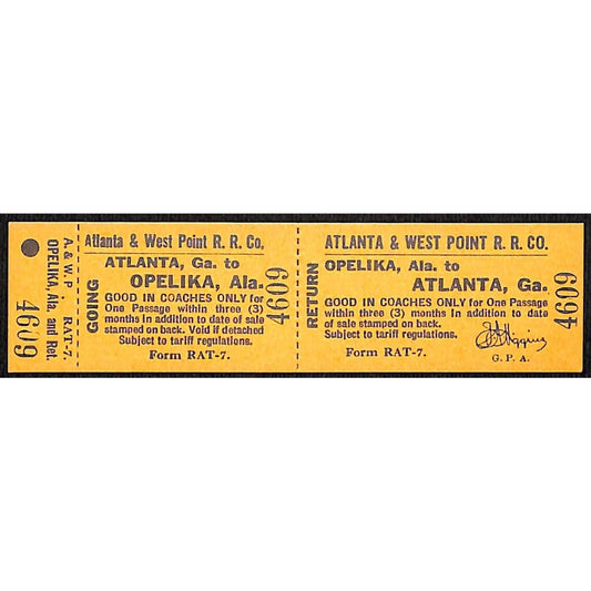 Atlanta & West Point Railroad Unused Ticket w/ Stub Opelika, ALA #4609 VOID*