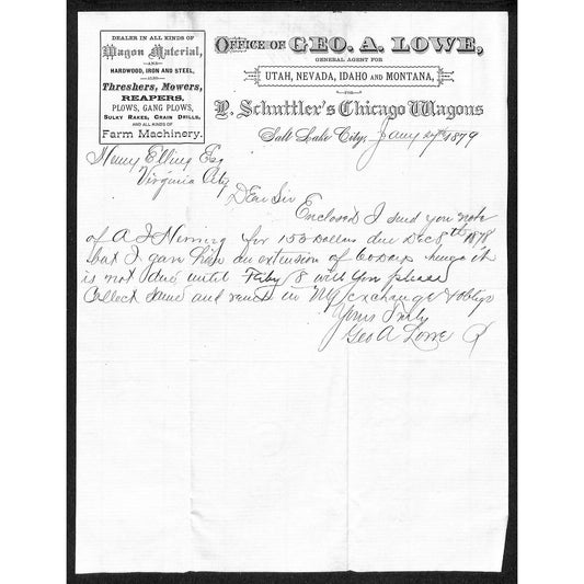 Geo. A. Lowe Schuttler's Chicago Wagons 1879 Letterhead *Henry Elling re: $153