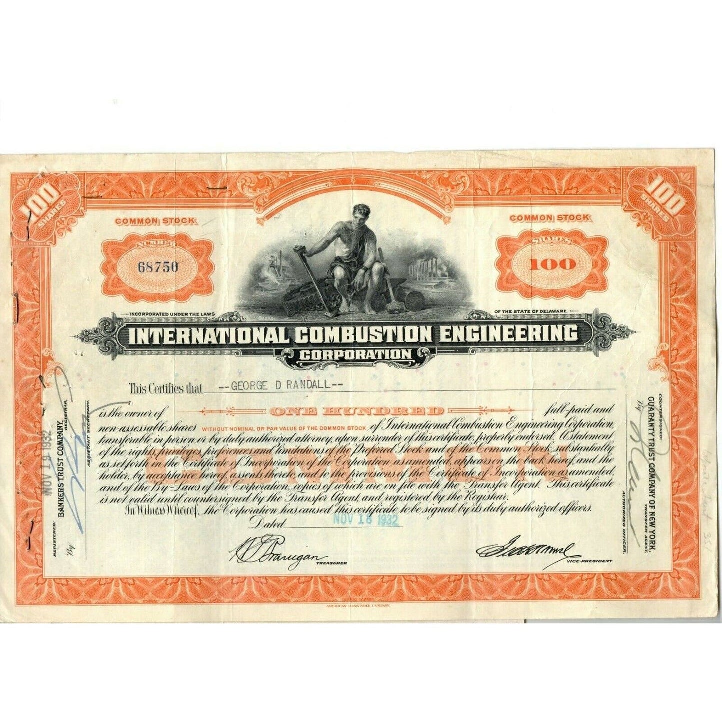 Vintage 1932 Stock Certificate "International Combustion Engineering" & Transfer