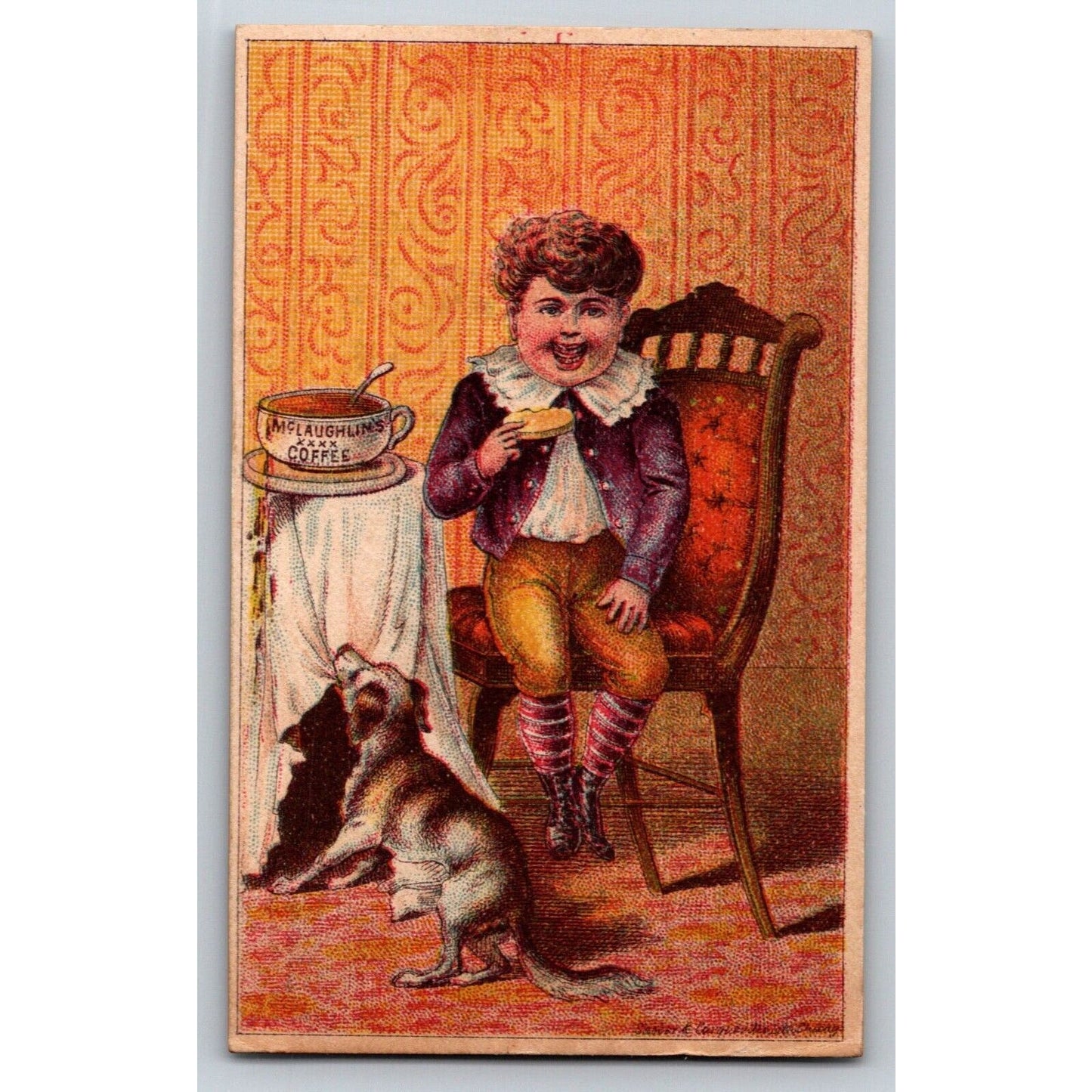 Happy Boy with Naughty Dog - Victorian Trade Card McLaughlin's Roasted Coffee