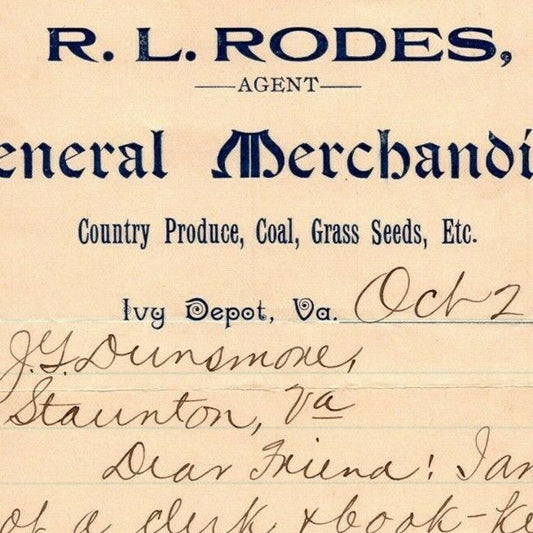 1899 Scarce R.L. Rodes Produce Coal Grass Seeds Letterhead Billhead Ivy Depot VA