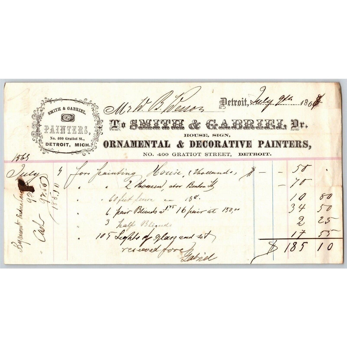 Detroit Letterhead Smith & Gabriel Ornamental & Decorative Painters 1868