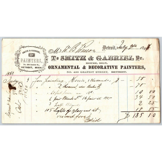 Detroit Letterhead Smith & Gabriel Ornamental & Decorative Painters 1868
