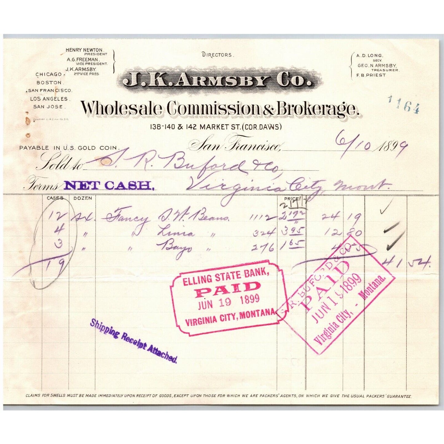 1899 J.K. Armsby Co. "Gold Coin" San Francisco Letterhead S.R. Buford Montana