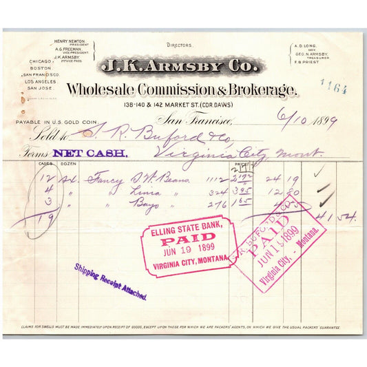 1899 J.K. Armsby Co. "Gold Coin" San Francisco Letterhead S.R. Buford Montana