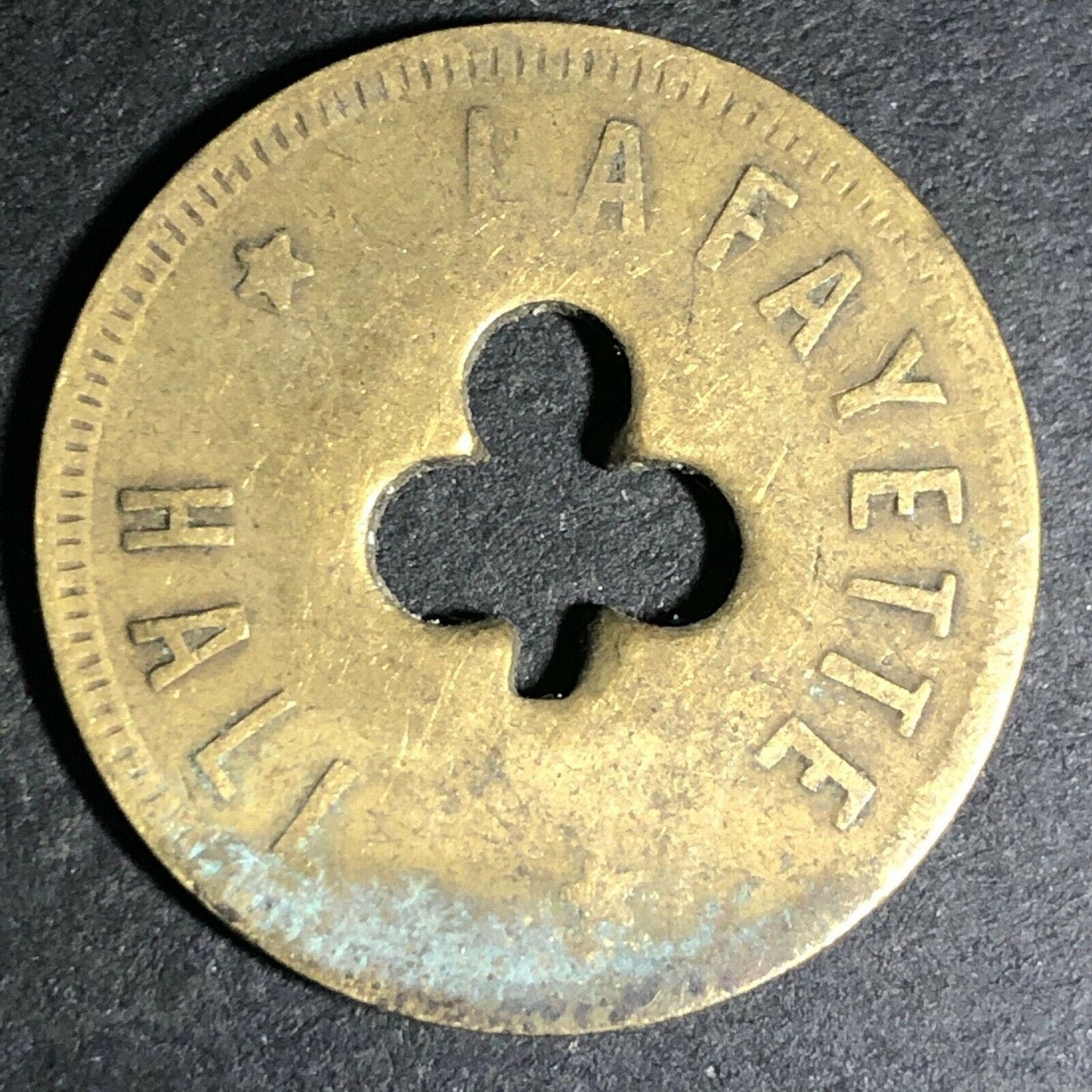24.5mm Brass Lafayette Hall (Saloon Sacramento, CA) Token Clover Shamrock (#23)