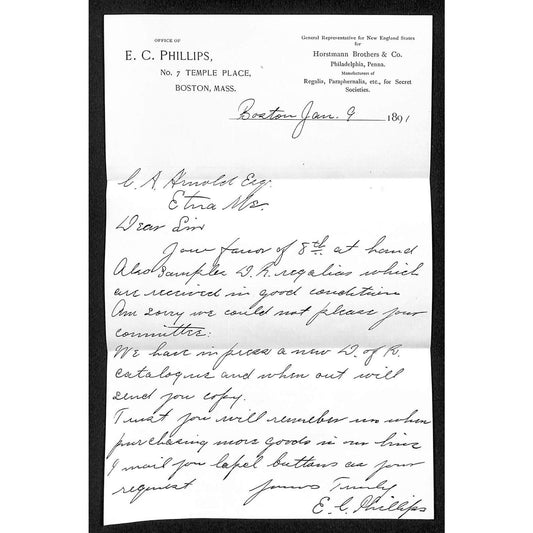 Boston 1891 Horstmann Bros. / E.C. Phillips re: Regalias Letterhead VGC