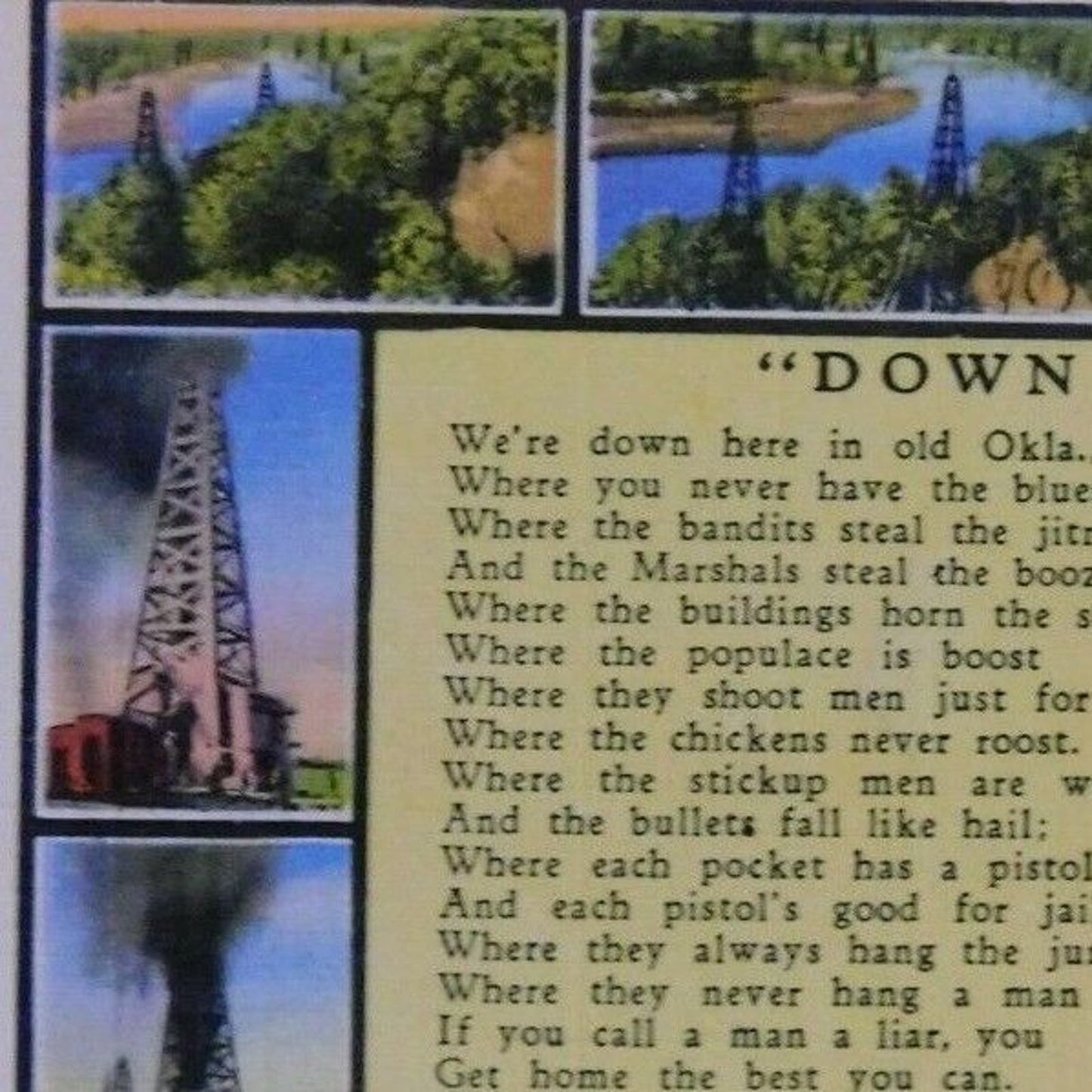 Vintage Linen Postcard - "Down In Oklahoma" Oil Wells Fields - Poem