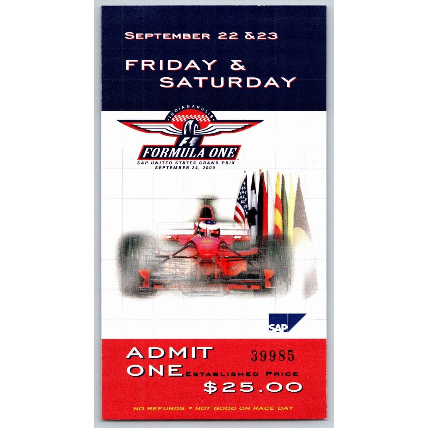 2000 Indianapolis Formula One Grand Prix Racing Fri & Sat Gate Ticket #39985