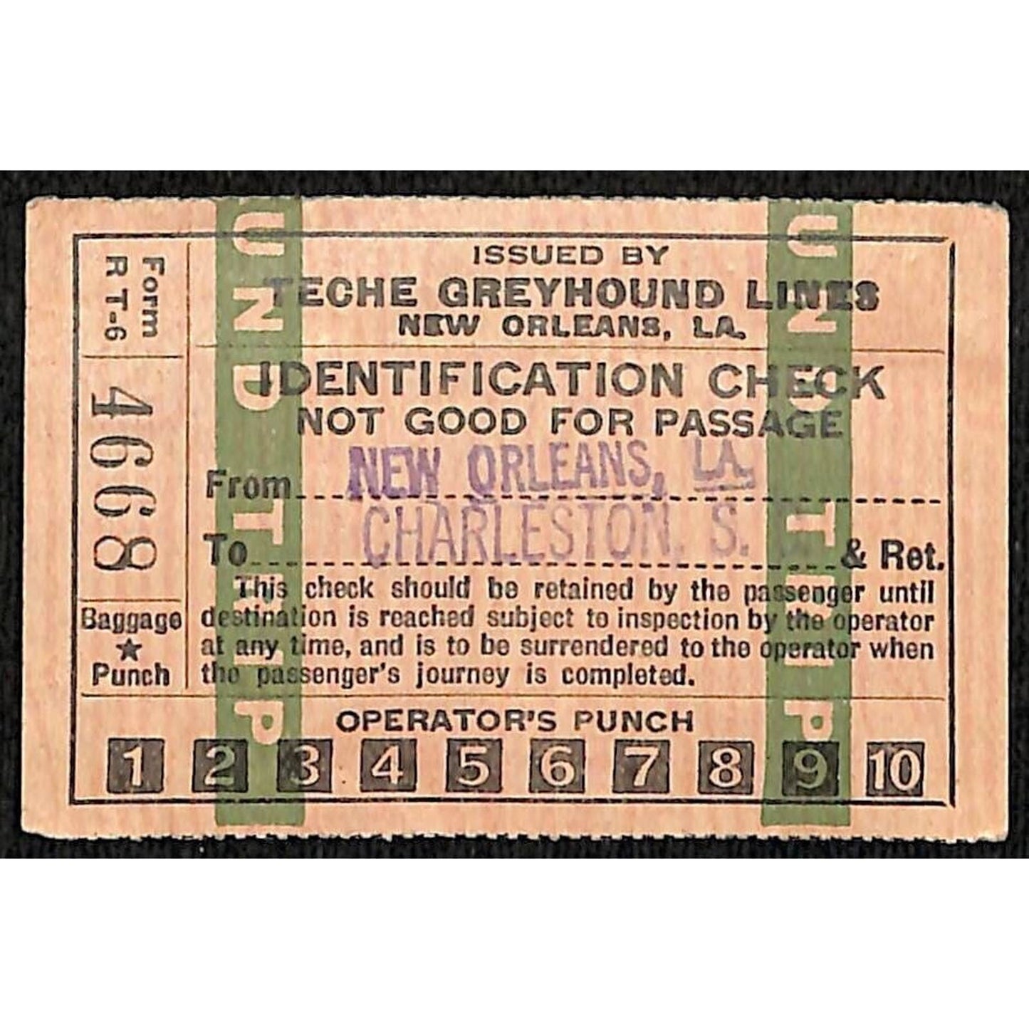 Teche Greyhound Lines New Orleans Charleston, SC ID Check / Ticket #4668